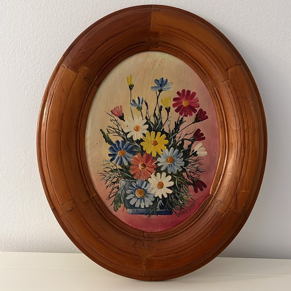 Vintage Oval Wooden Framed Floral Still Life Artist Signed - Picture 11 of 11